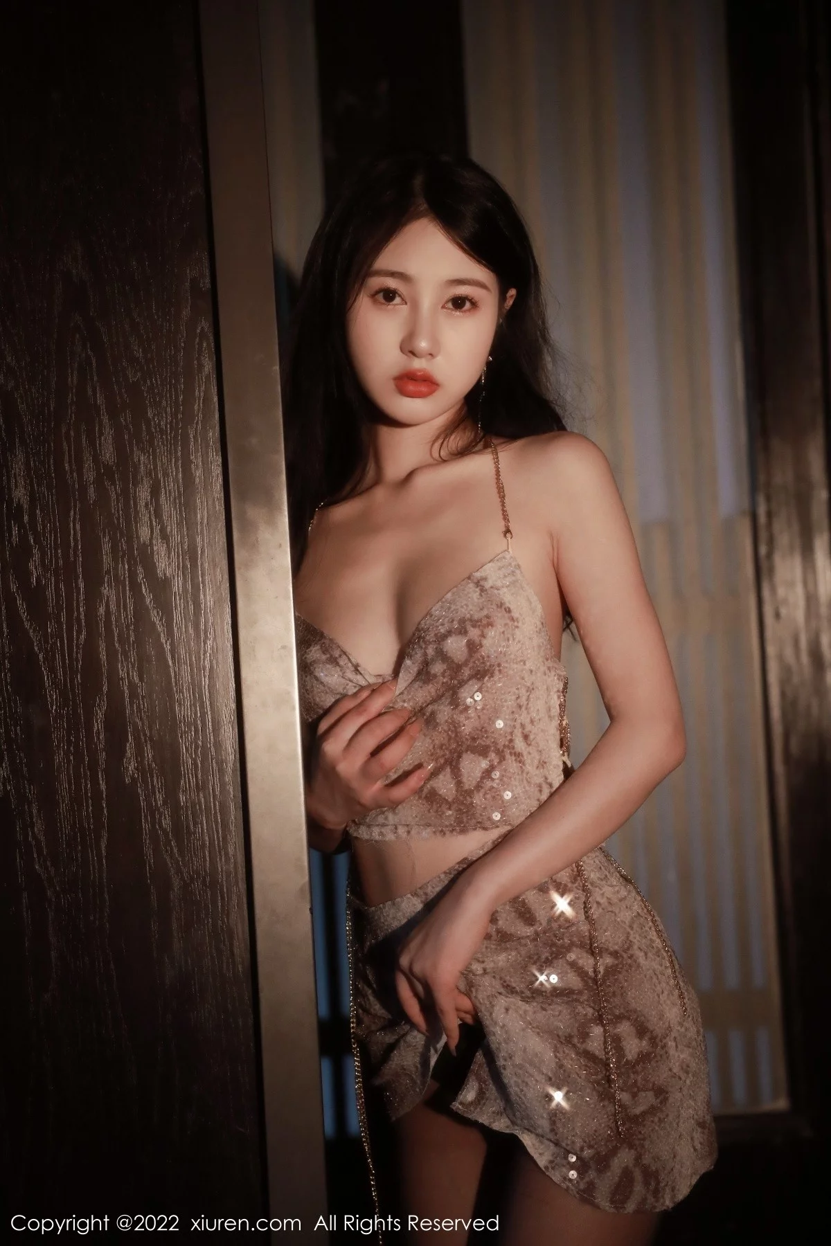 [[XiuRen秀人网]秀人网]No.5632_模特谢晚晚性感浅色闪亮吊带裙配超薄黑丝秀完美身材诱惑写真91P