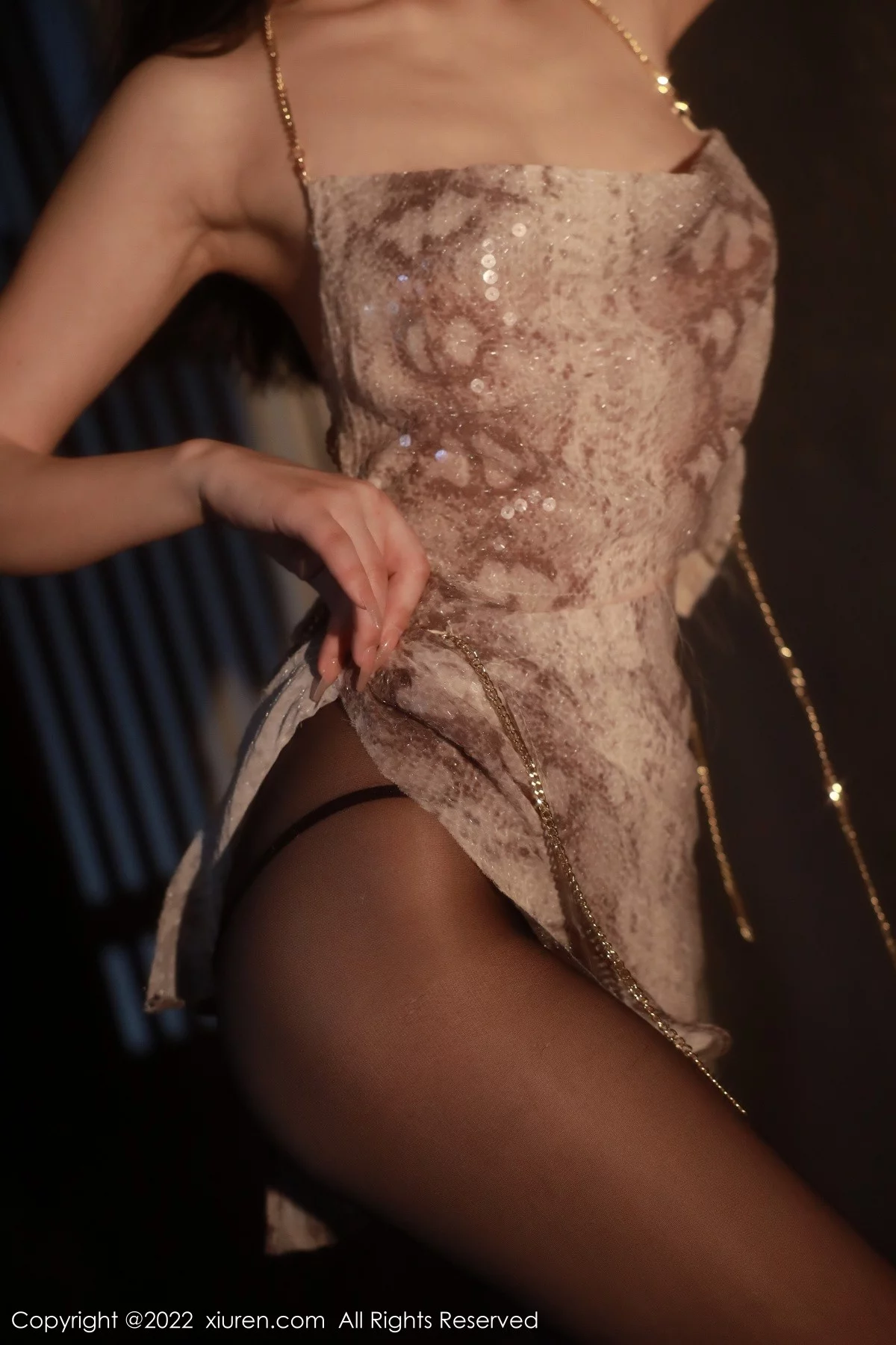 [[XiuRen秀人网]秀人网]No.5632_模特谢晚晚性感浅色闪亮吊带裙配超薄黑丝秀完美身材诱惑写真91P