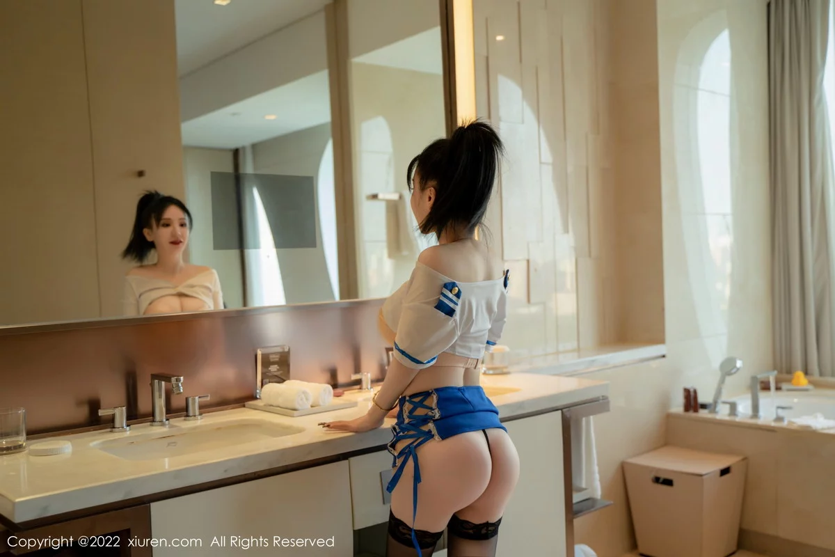 [[XiuRen秀人网]秀人网]No.5903_模特潘娇娇白色短款衣配蓝短裙露性感内衣秀巨乳肥臀诱惑写真70P