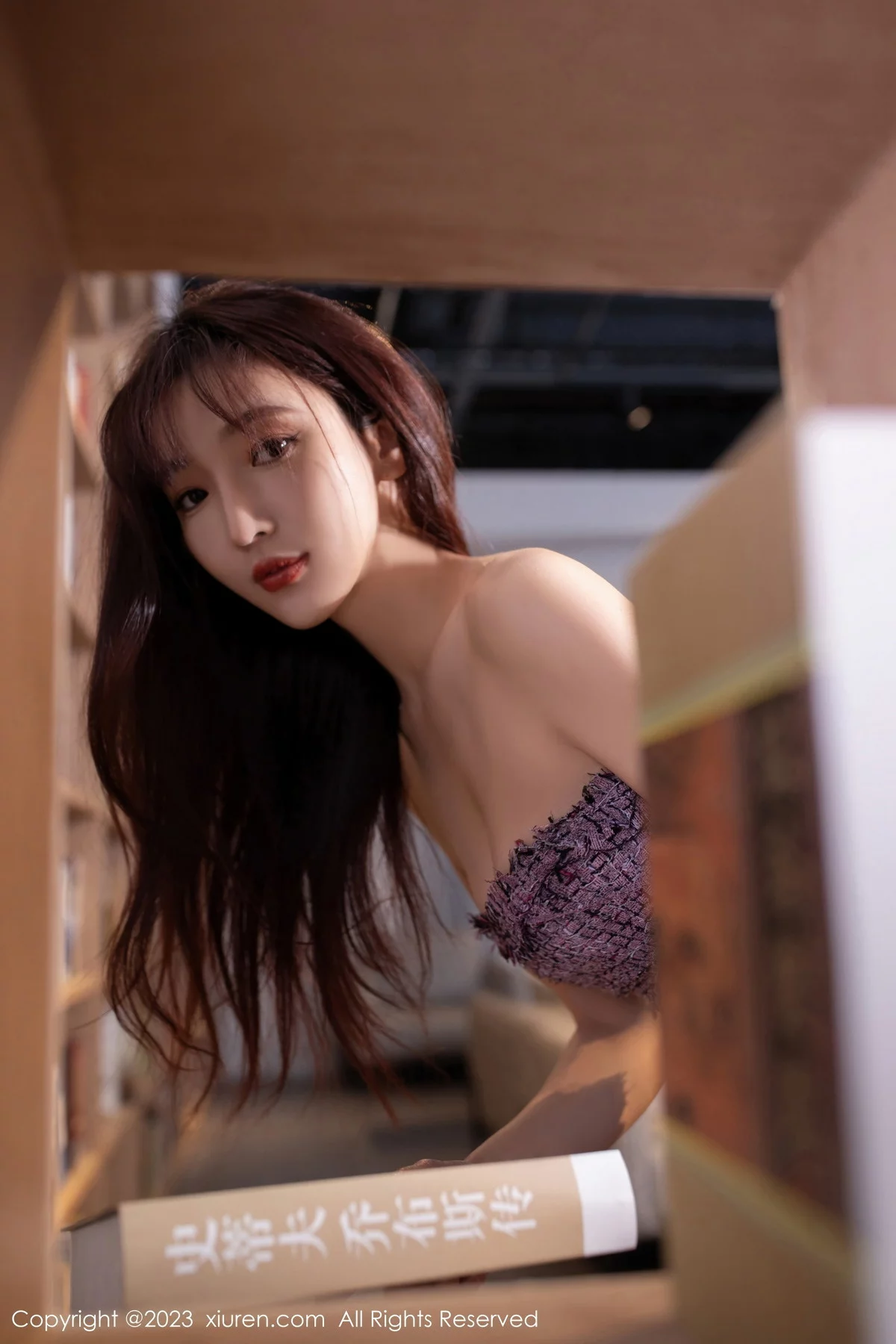 [[XiuRen秀人网]秀人网]No.6209_模特陆萱萱图书馆场景紫色露肩连衣短裙配超薄肉丝完美诱惑写真81P