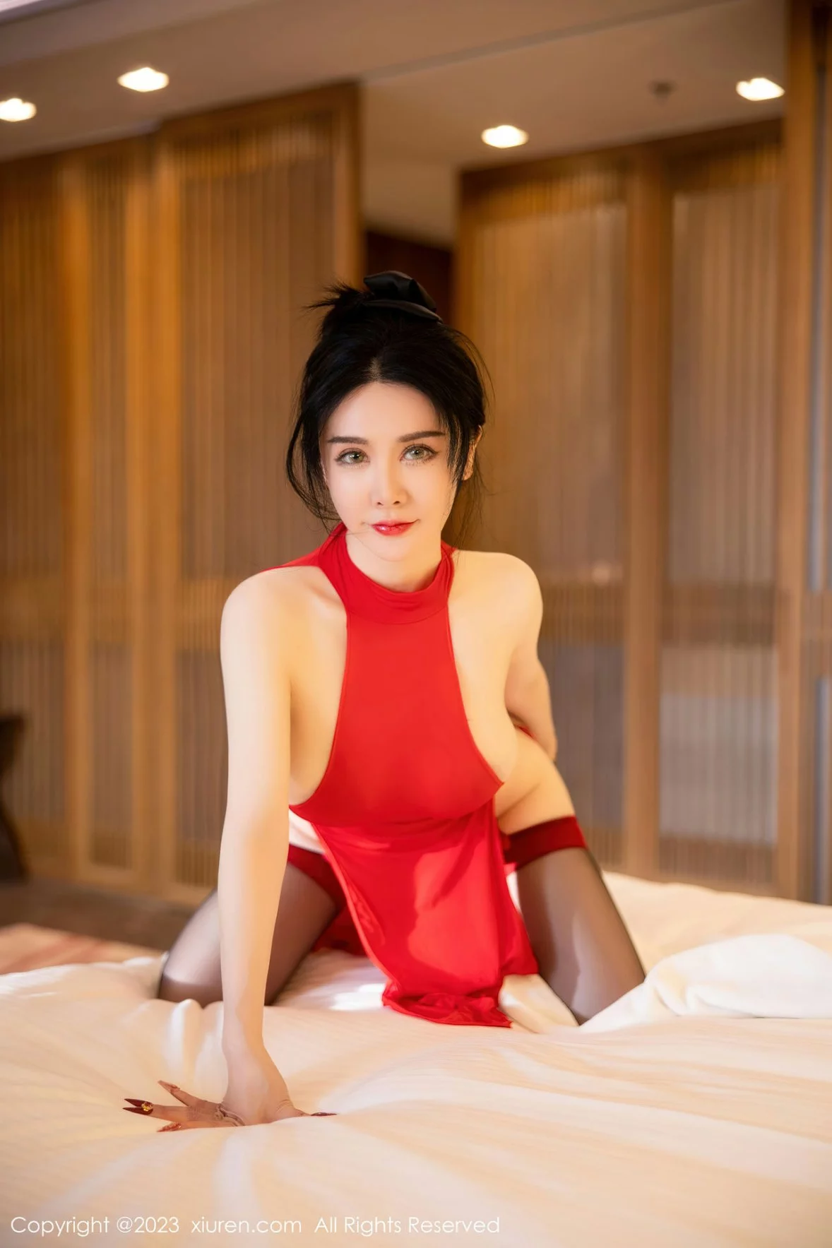 [[XiuRen秀人网]秀人网]No.6151_模特潘娇娇红色薄纱轻透情趣服配黑丝吊袜秀巨乳肥臀诱惑写真80P