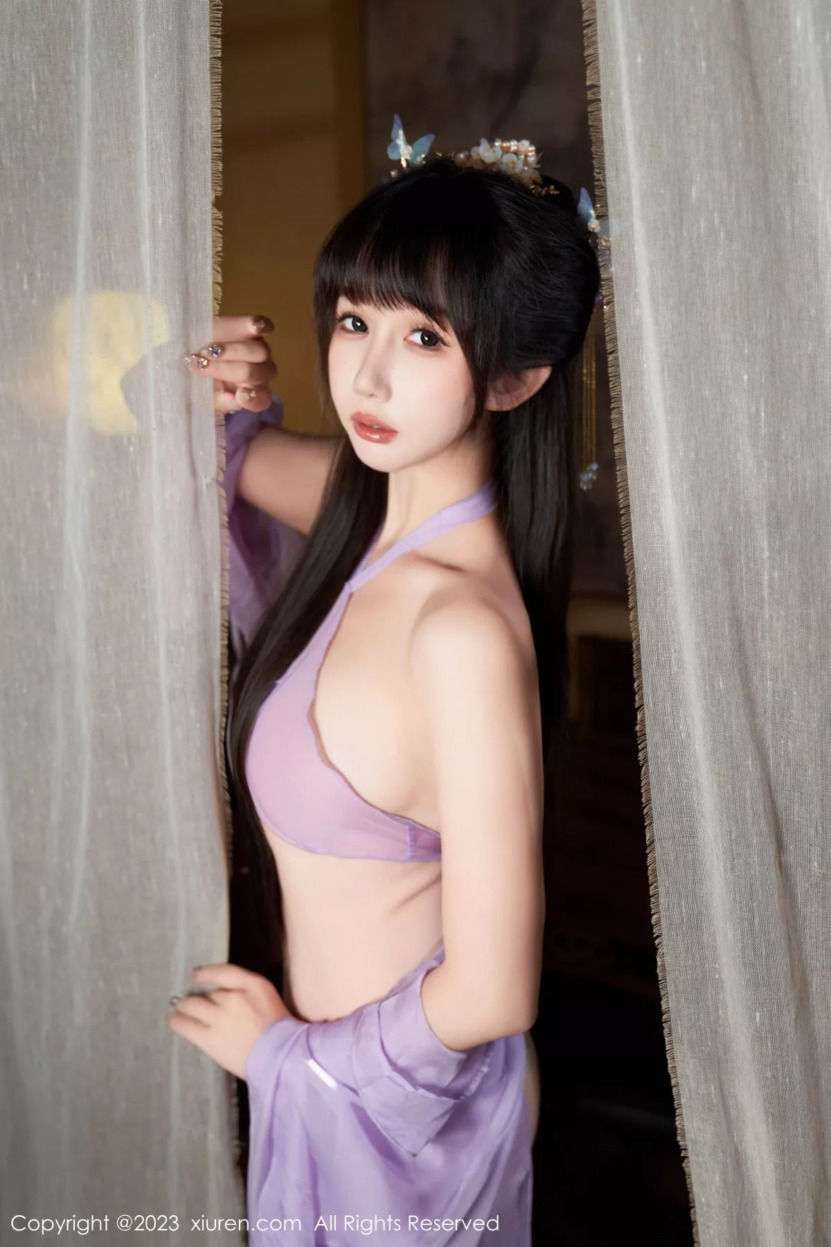 [[XiuRen秀人网]秀人网]No.7442_模特波巧酱性感紫色薄纱情趣服配超薄肉丝秀完美身材诱惑写真85P