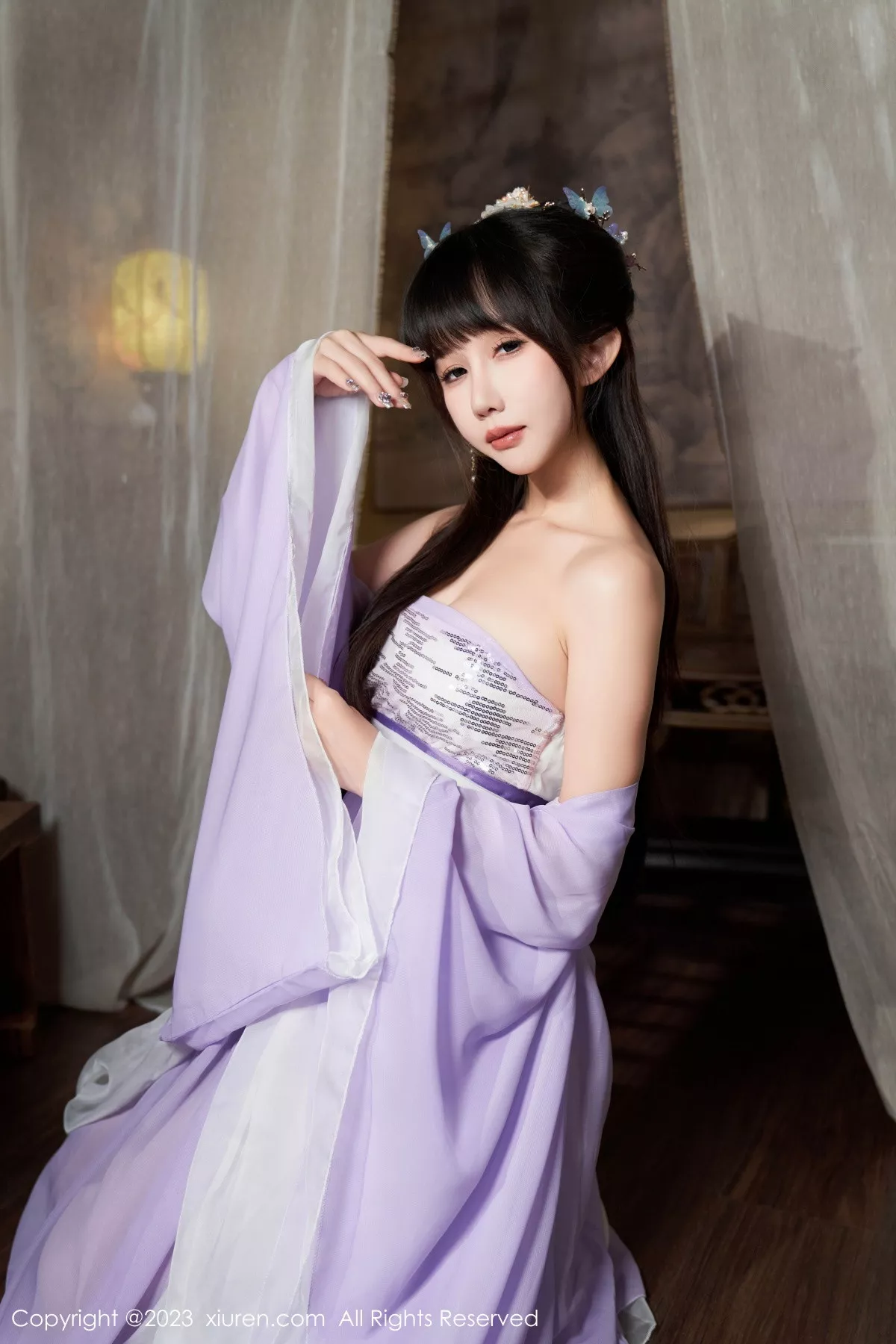 [[XiuRen秀人网]秀人网]No.7442_模特波巧酱性感紫色薄纱情趣服配超薄肉丝秀完美身材诱惑写真85P