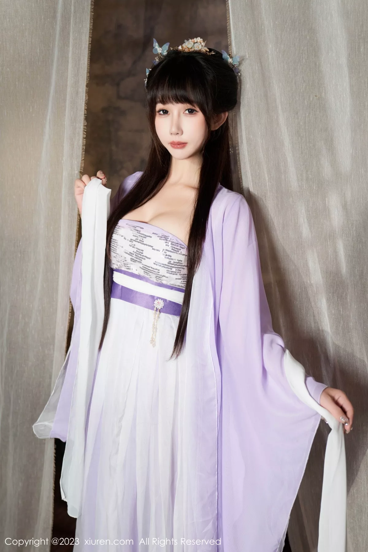 [[XiuRen秀人网]秀人网]No.7442_模特波巧酱性感紫色薄纱情趣服配超薄肉丝秀完美身材诱惑写真85P