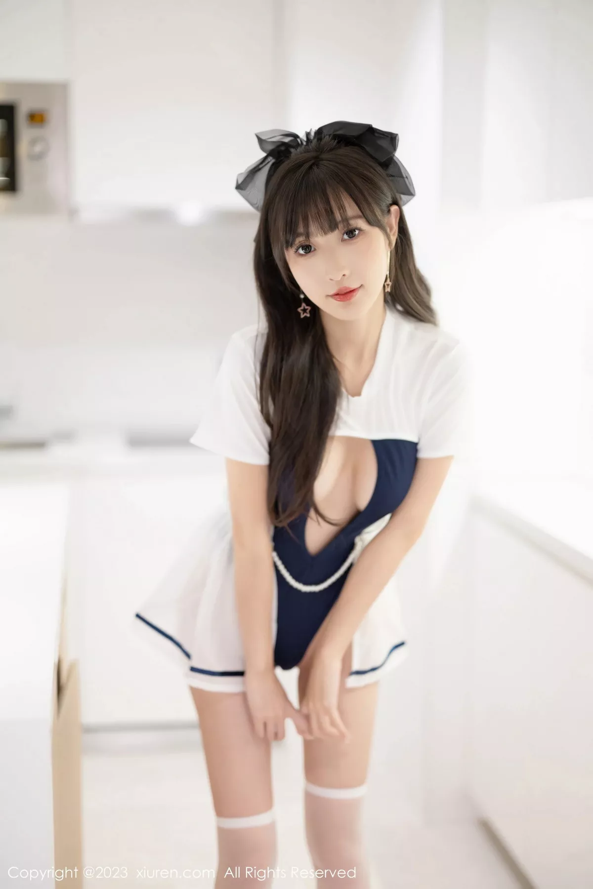 [[XiuRen秀人网]秀人网]No.7468_模特林星阑蓝白色连衣短裙+黑色薄纱连体衣秀苗条身姿诱惑写真85P