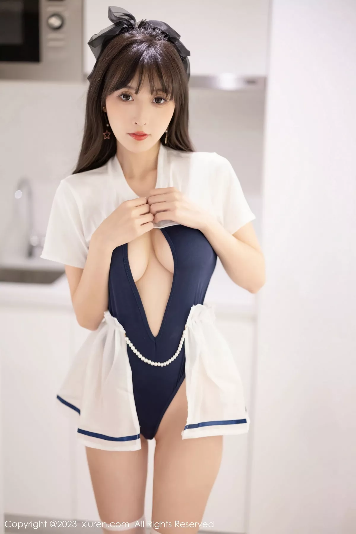 [[XiuRen秀人网]秀人网]No.7468_模特林星阑蓝白色连衣短裙+黑色薄纱连体衣秀苗条身姿诱惑写真85P