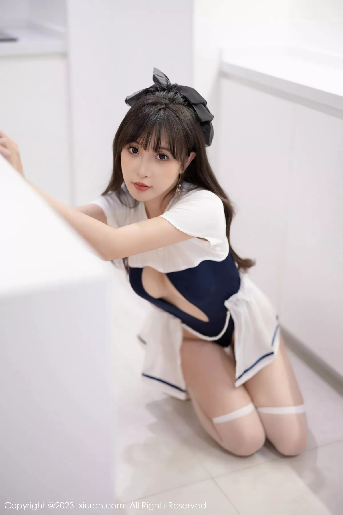 [[XiuRen秀人网]秀人网]No.7468_模特林星阑蓝白色连衣短裙+黑色薄纱连体衣秀苗条身姿诱惑写真85P