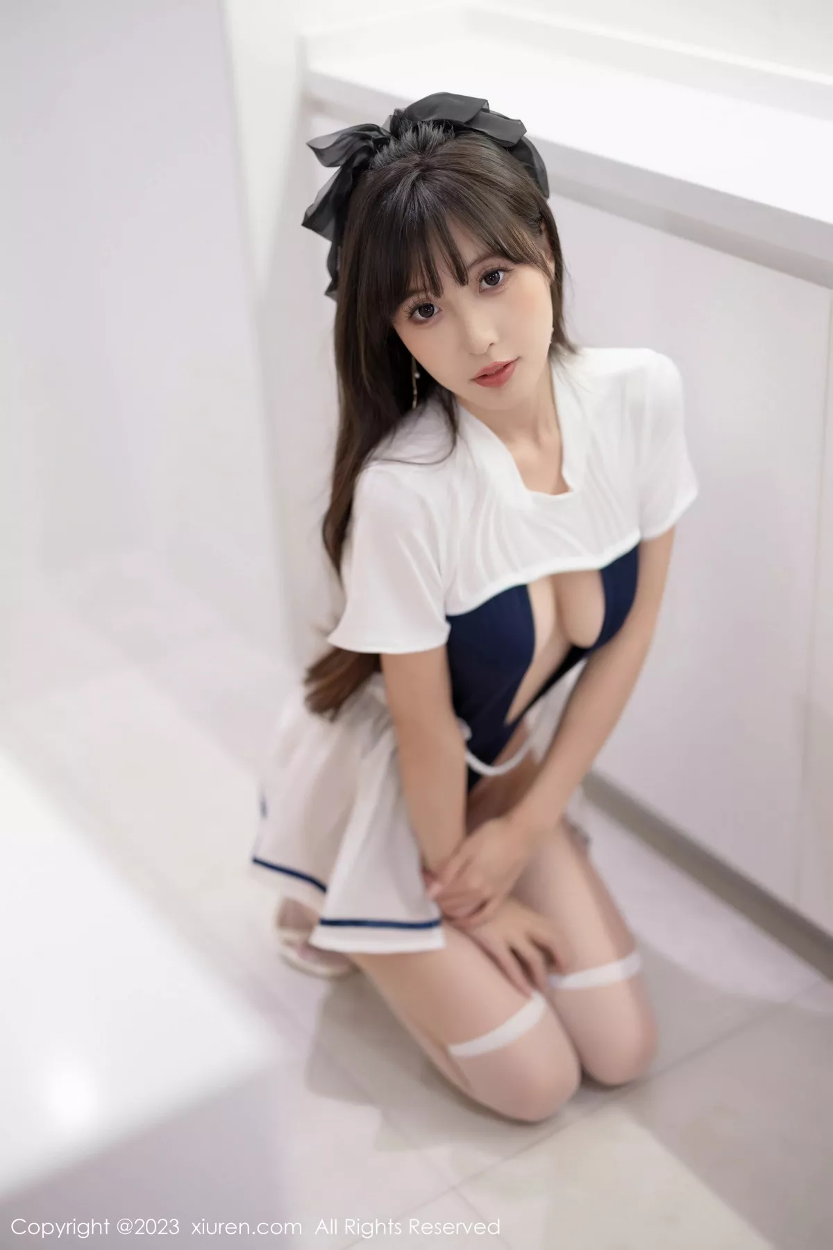 [[XiuRen秀人网]秀人网]No.7468_模特林星阑蓝白色连衣短裙+黑色薄纱连体衣秀苗条身姿诱惑写真85P