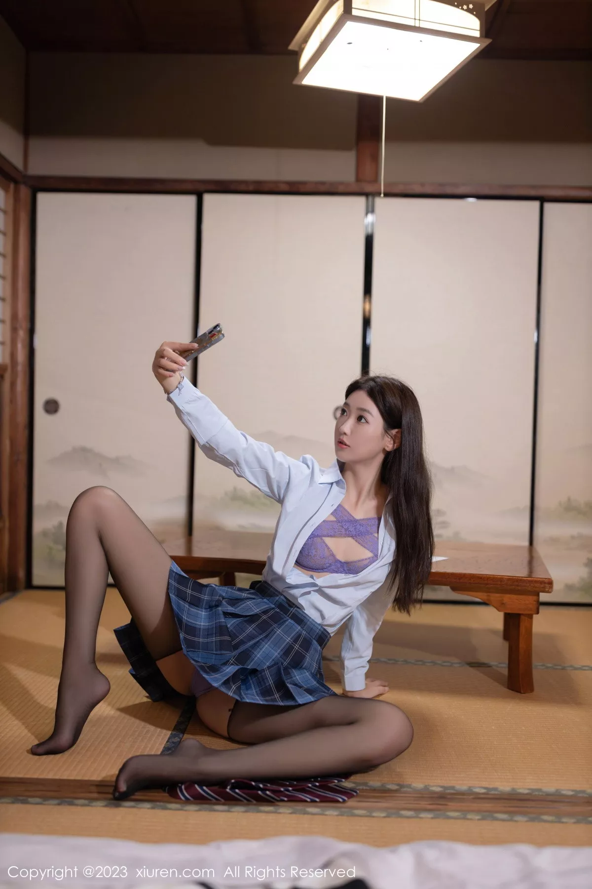 [[XiuRen秀人网]秀人网]No.7585_模特唐安琪性感白T配格子裙露紫色蕾丝内衣秀完美身材诱惑写真78P