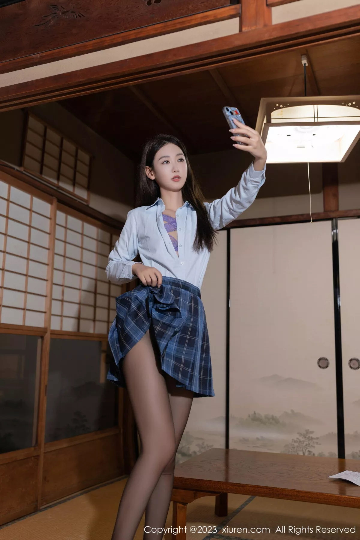 [[XiuRen秀人网]秀人网]No.7585_模特唐安琪性感白T配格子裙露紫色蕾丝内衣秀完美身材诱惑写真78P