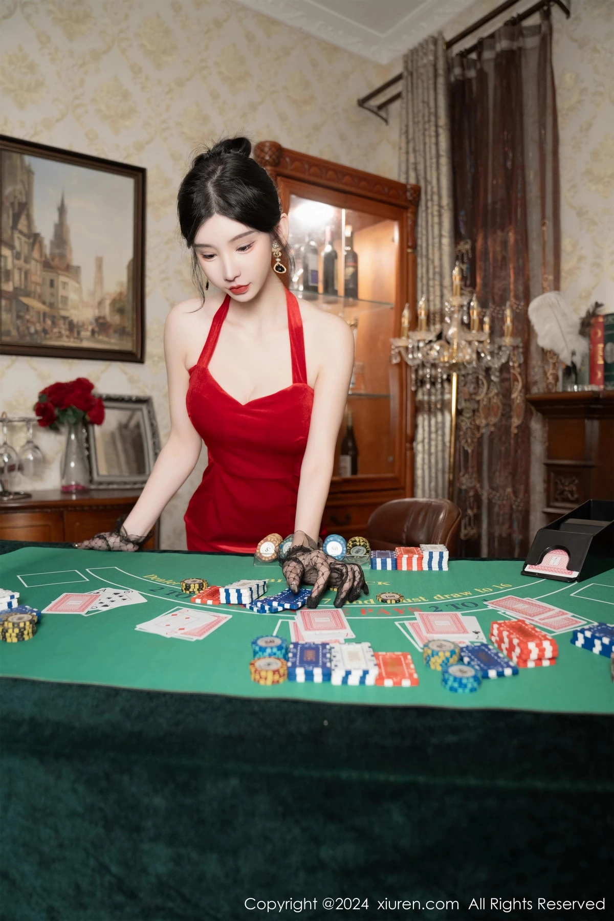 [[XiuRen秀人网]秀人网]No.8097_女神周于希Sally荷官角色扮演红色露肩服饰配无内黑丝诱惑写真106P