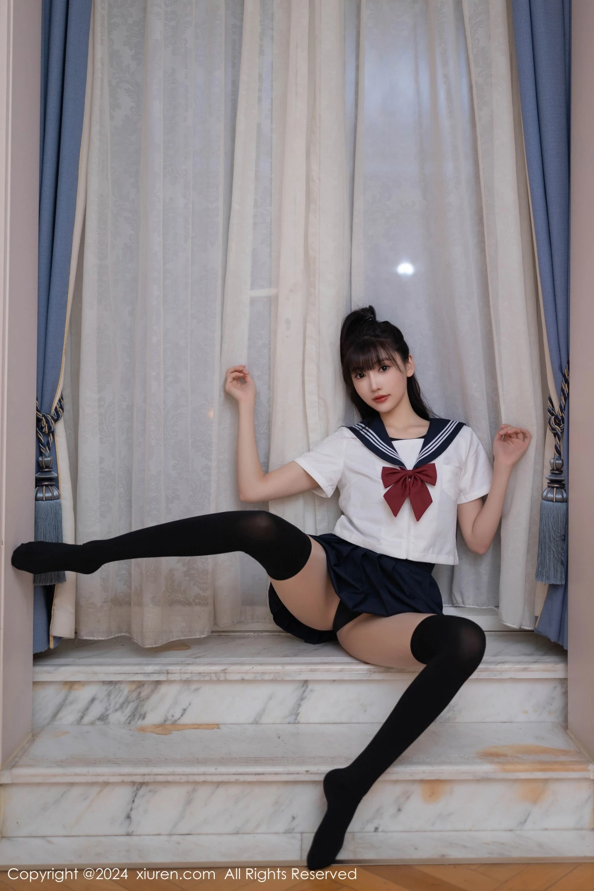 [[XiuRen秀人网]秀人网]No.9305_模特陆萱萱性感JK制服+黑色高叉连体衣配黑丝袜秀美腿诱惑写真80P