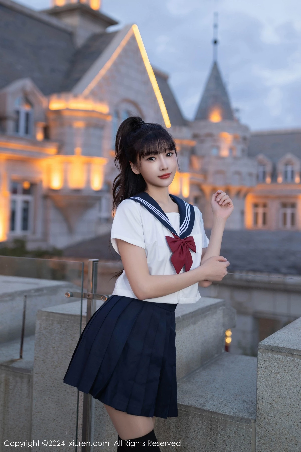 [[XiuRen秀人网]秀人网]No.9305_模特陆萱萱性感JK制服+黑色高叉连体衣配黑丝袜秀美腿诱惑写真80P