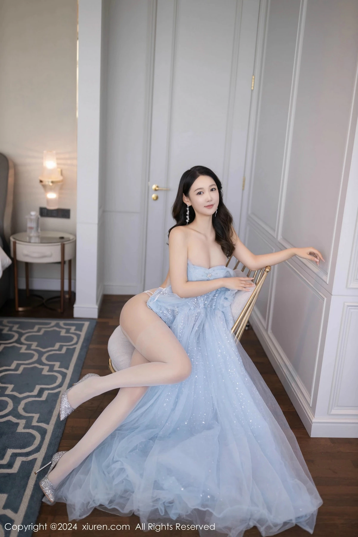 [[XiuRen秀人网]秀人网]No.9538_模特唐安琪性感淡蓝色薄纱礼裙露白色内衣秀曼妙身姿诱惑写真82P