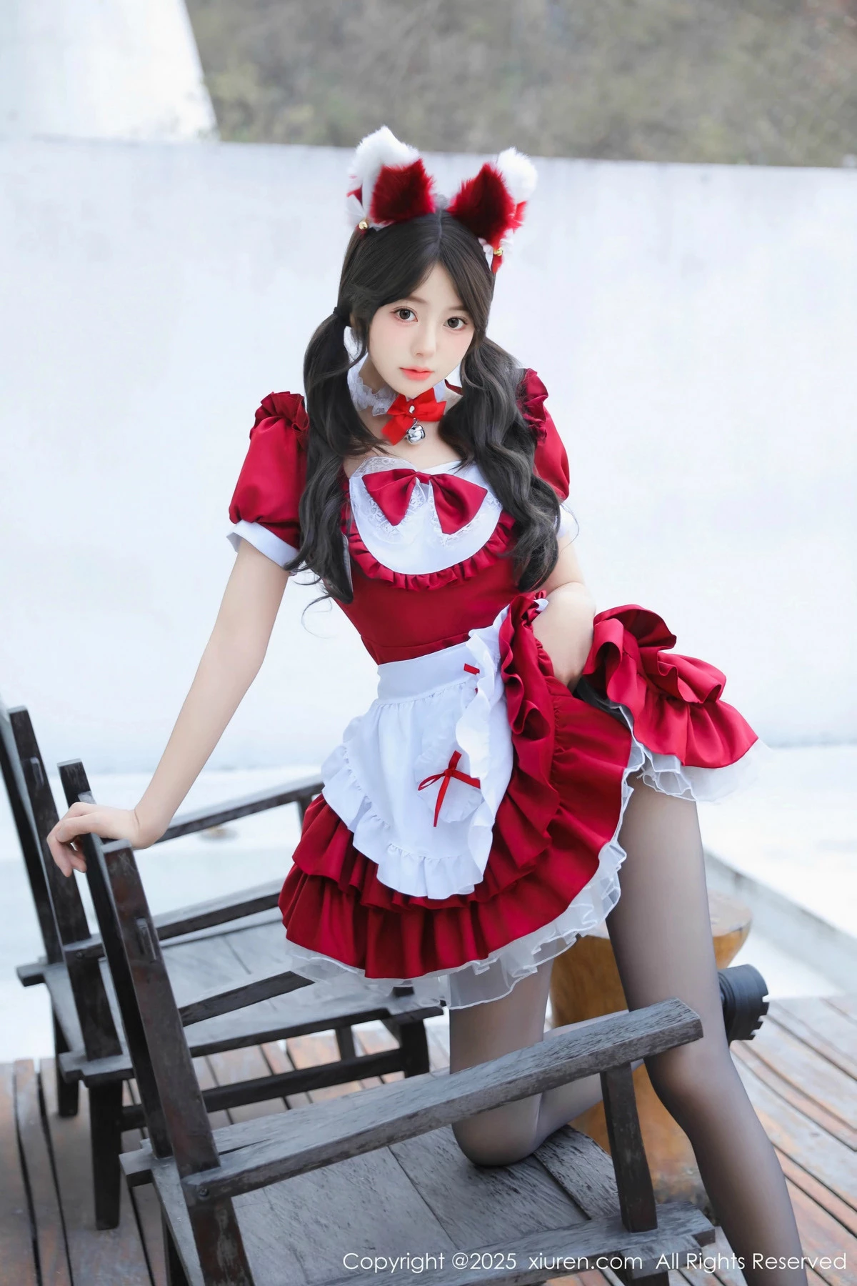 [[XiuRen秀人网]秀人网]No.9814_模特桃妖夭红色喜庆女仆服露红色内衣配超薄黑丝秀美腿诱惑写真87P