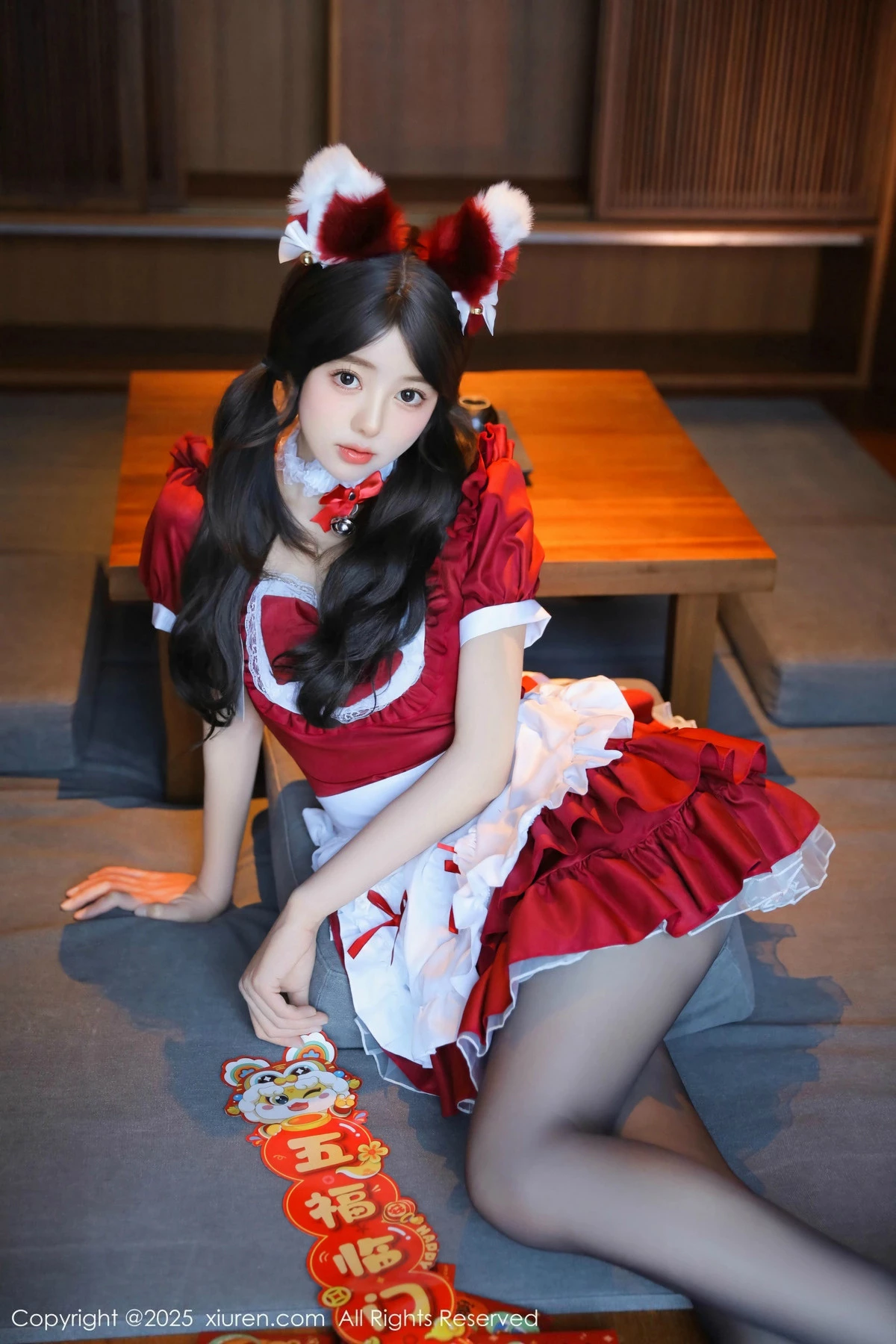 [[XiuRen秀人网]秀人网]No.9814_模特桃妖夭红色喜庆女仆服露红色内衣配超薄黑丝秀美腿诱惑写真87P