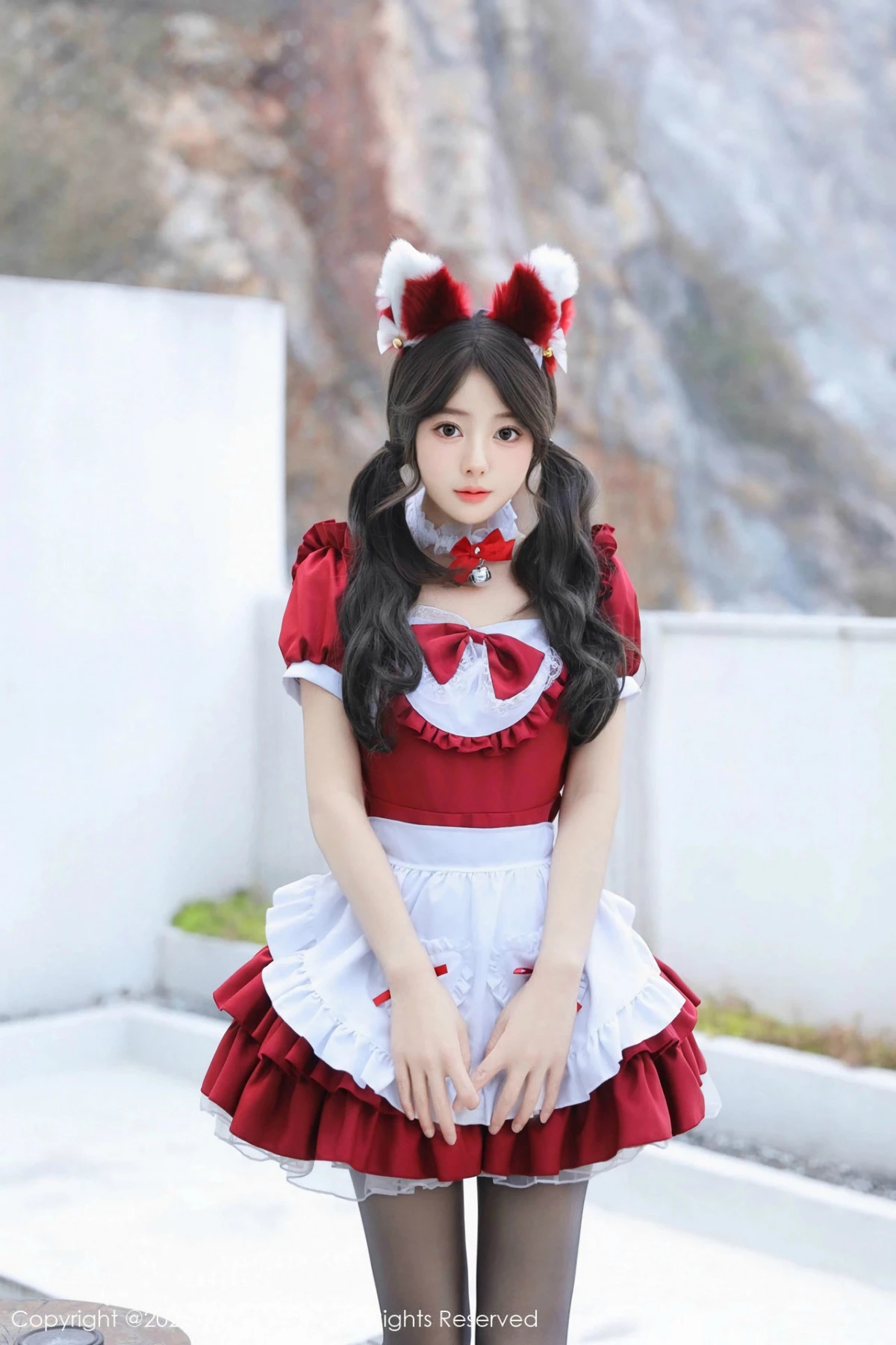 [[XiuRen秀人网]秀人网]No.9814_模特桃妖夭红色喜庆女仆服露红色内衣配超薄黑丝秀美腿诱惑写真87P