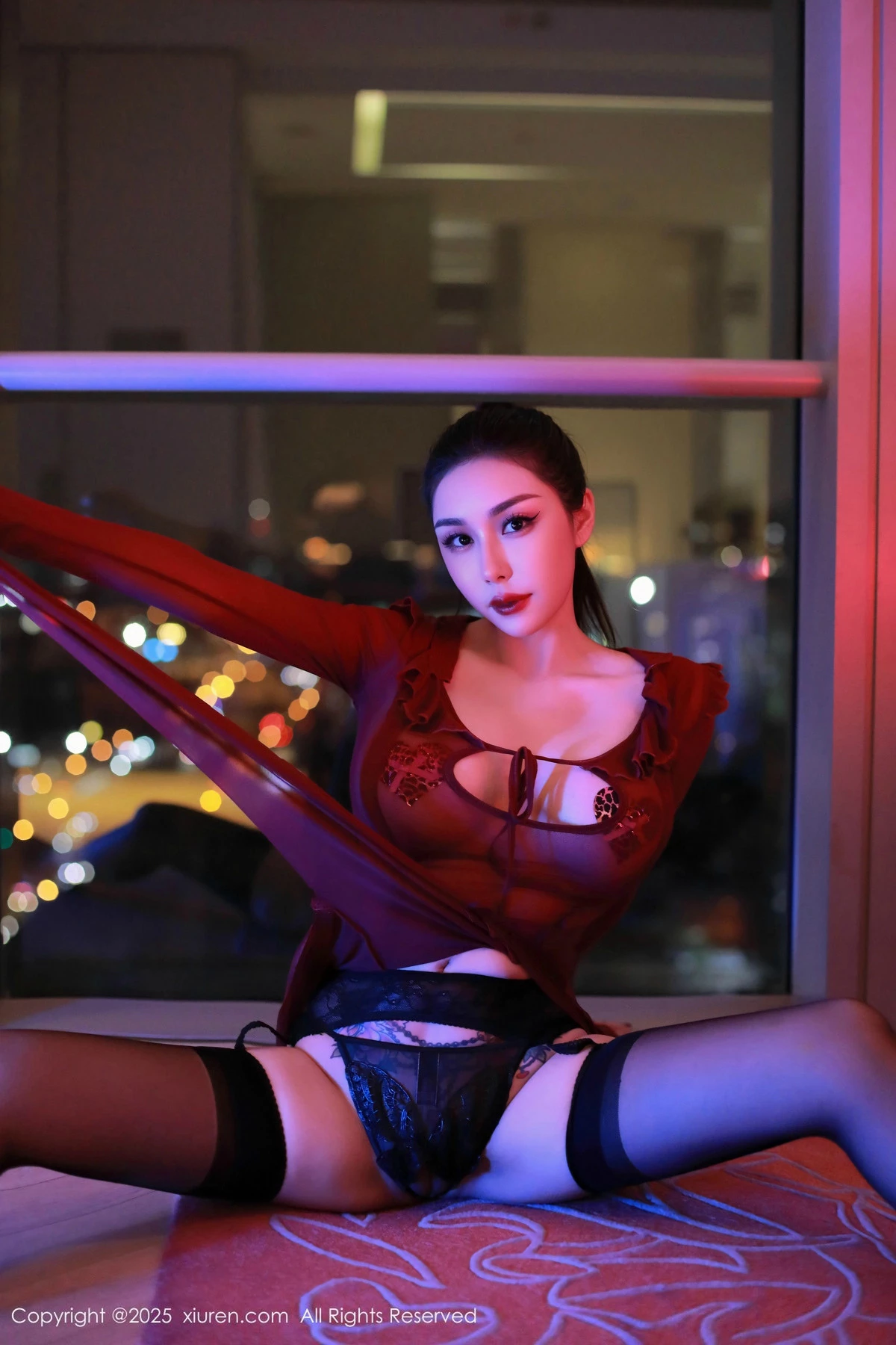 [[XiuRen秀人网]秀人网]No.9973_模特田冰冰性感酒红色薄纱连衣裙配黑丝吊袜秀丰满身材诱惑写真53P