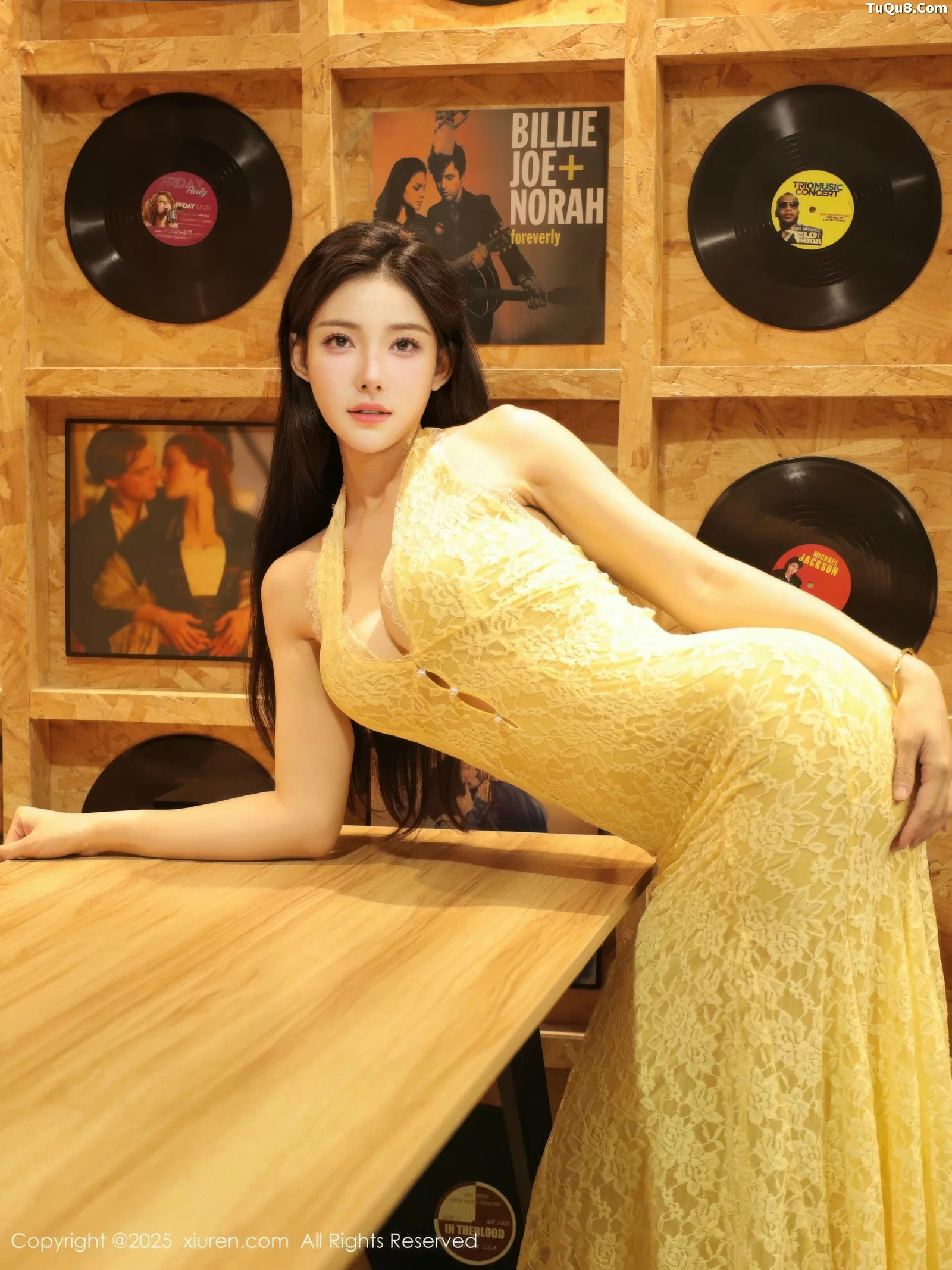 [[XiuRen秀人网]秀人网]No.10715_模特梨霜儿性感黄色蕾丝连衣长裙半脱秀高挑丰腴身材诱惑写真78P