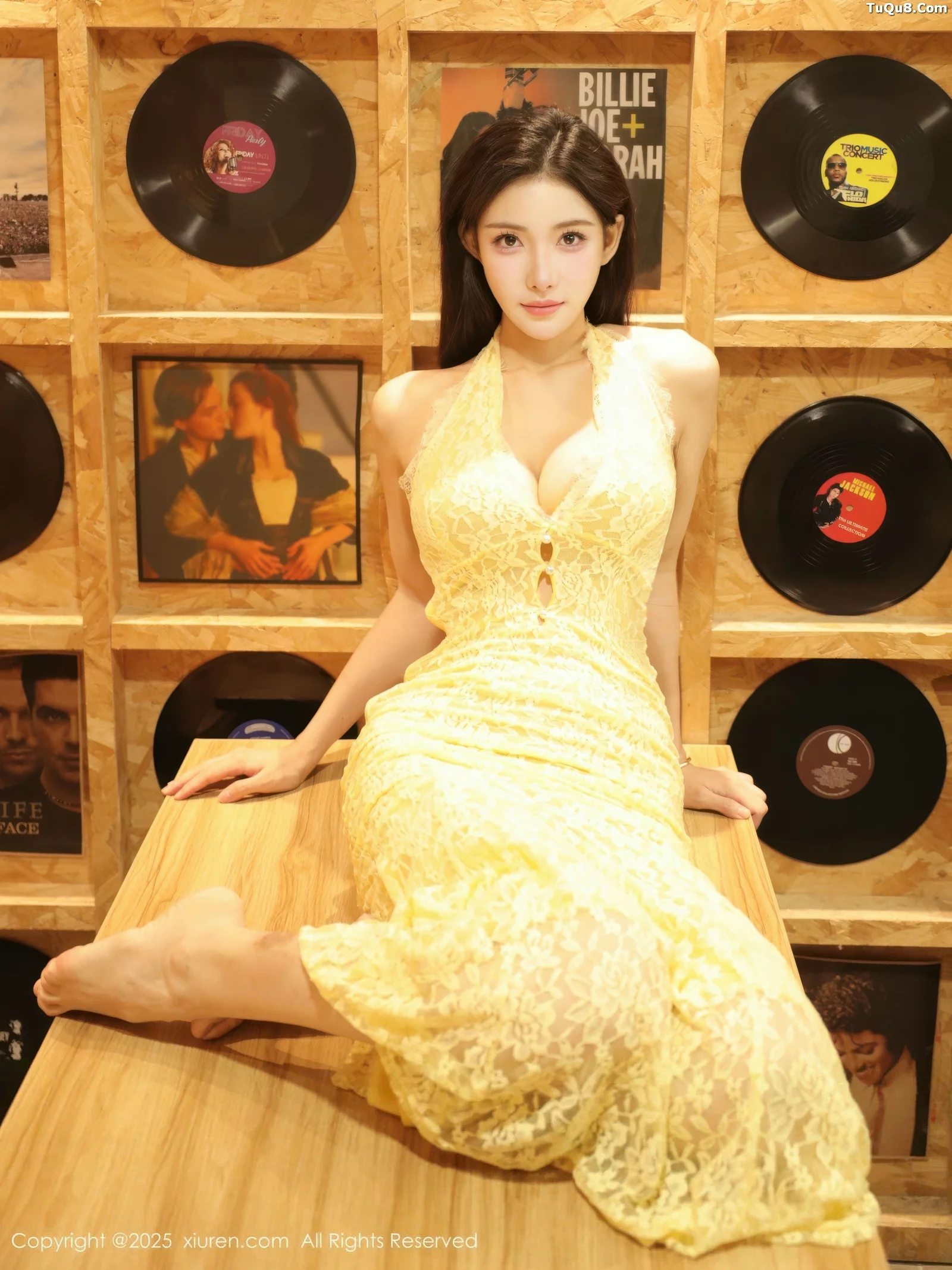 [[XiuRen秀人网]秀人网]No.10715_模特梨霜儿性感黄色蕾丝连衣长裙半脱秀高挑丰腴身材诱惑写真78P