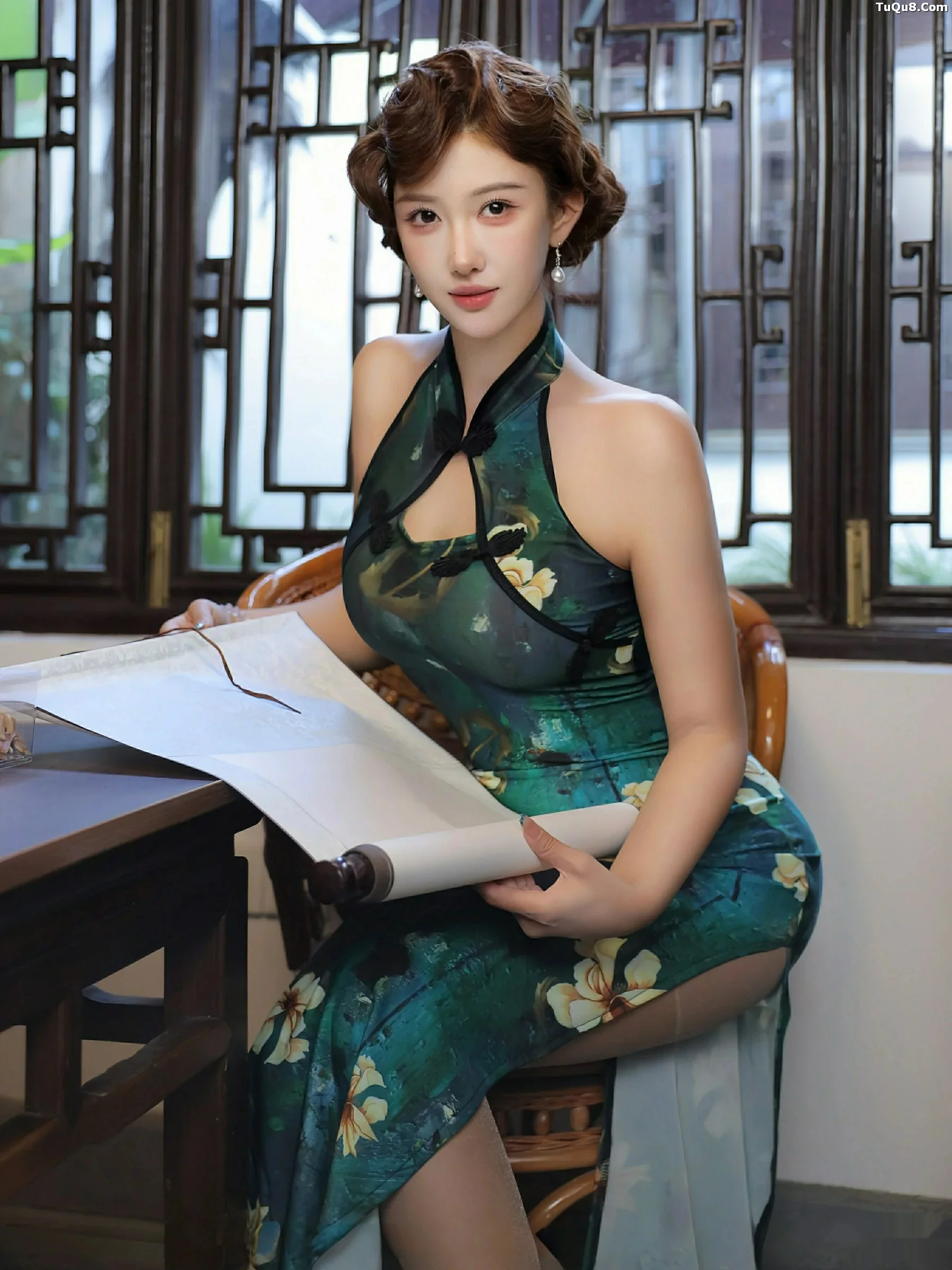 [[XiuRen秀人网]秀人网]No.10815_模特金允希Yuki性感绿色旗袍配超薄肉丝秀丰腴身材迷人诱惑写真78P